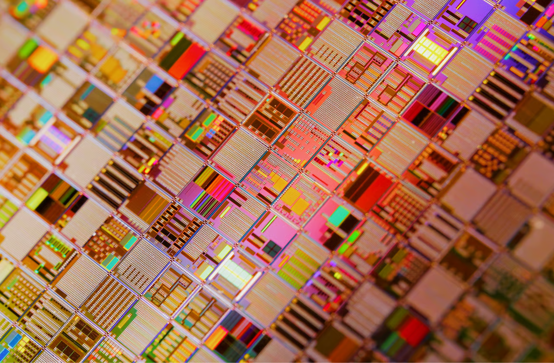 Close-up of a semiconductor wafer with multicoloured microchip patterns