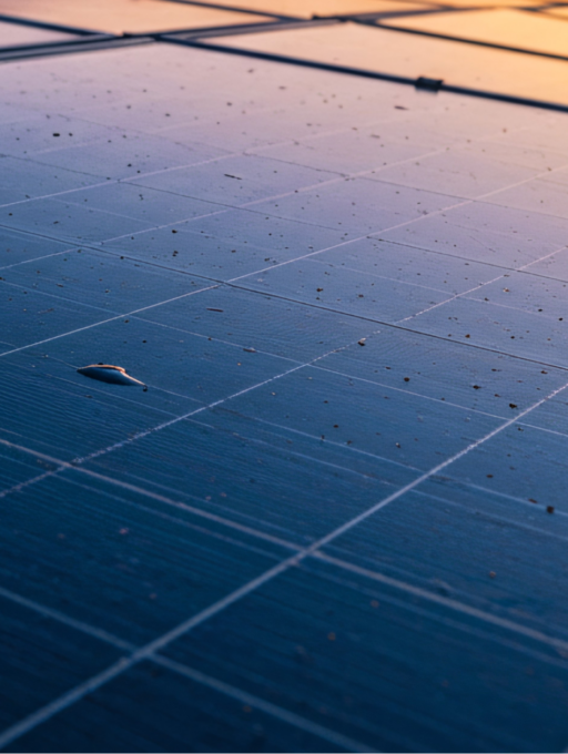 Close-up of blue solar panels reflecting sunlight