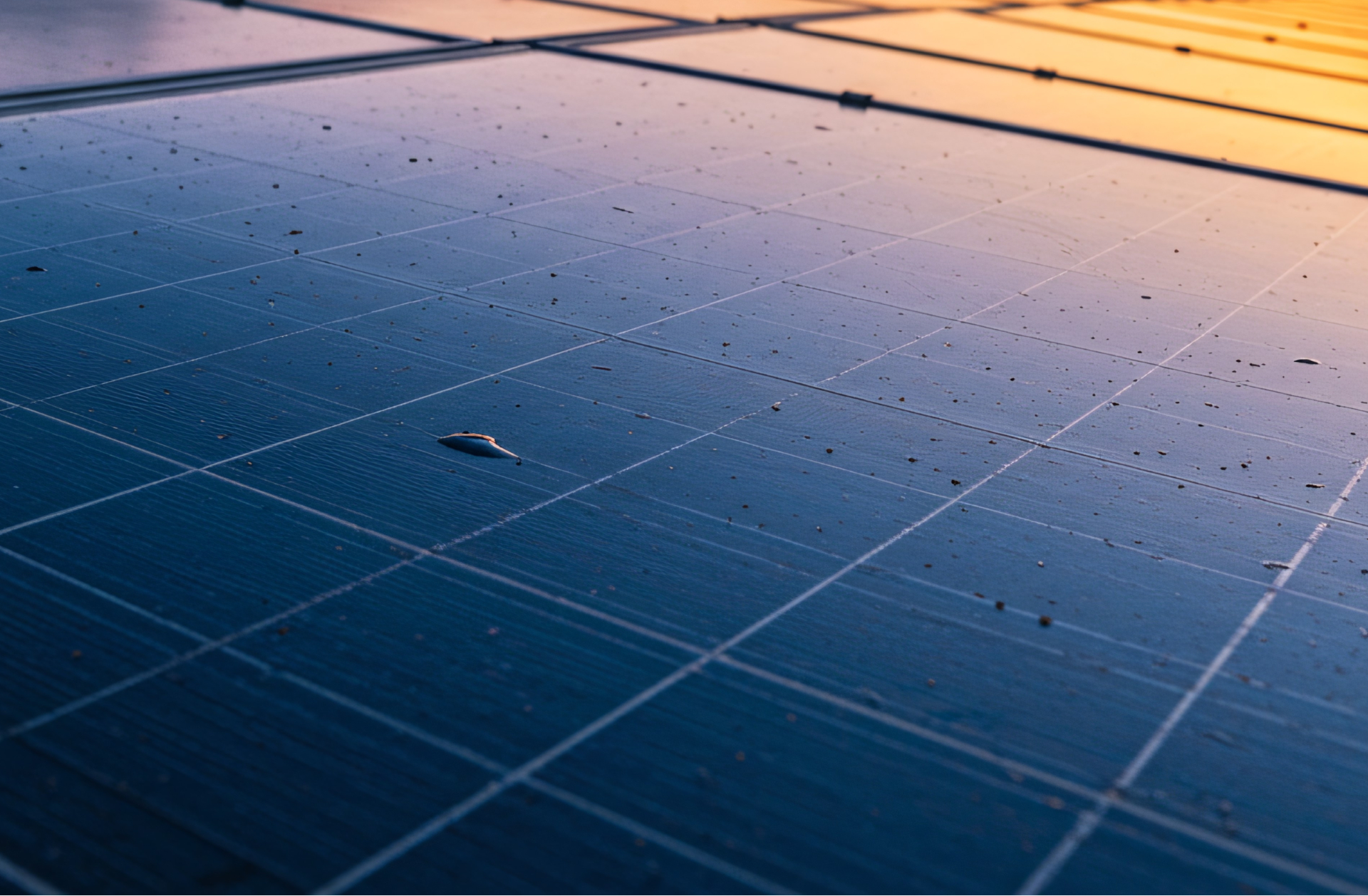 Close-up of blue solar panels reflecting sunlight