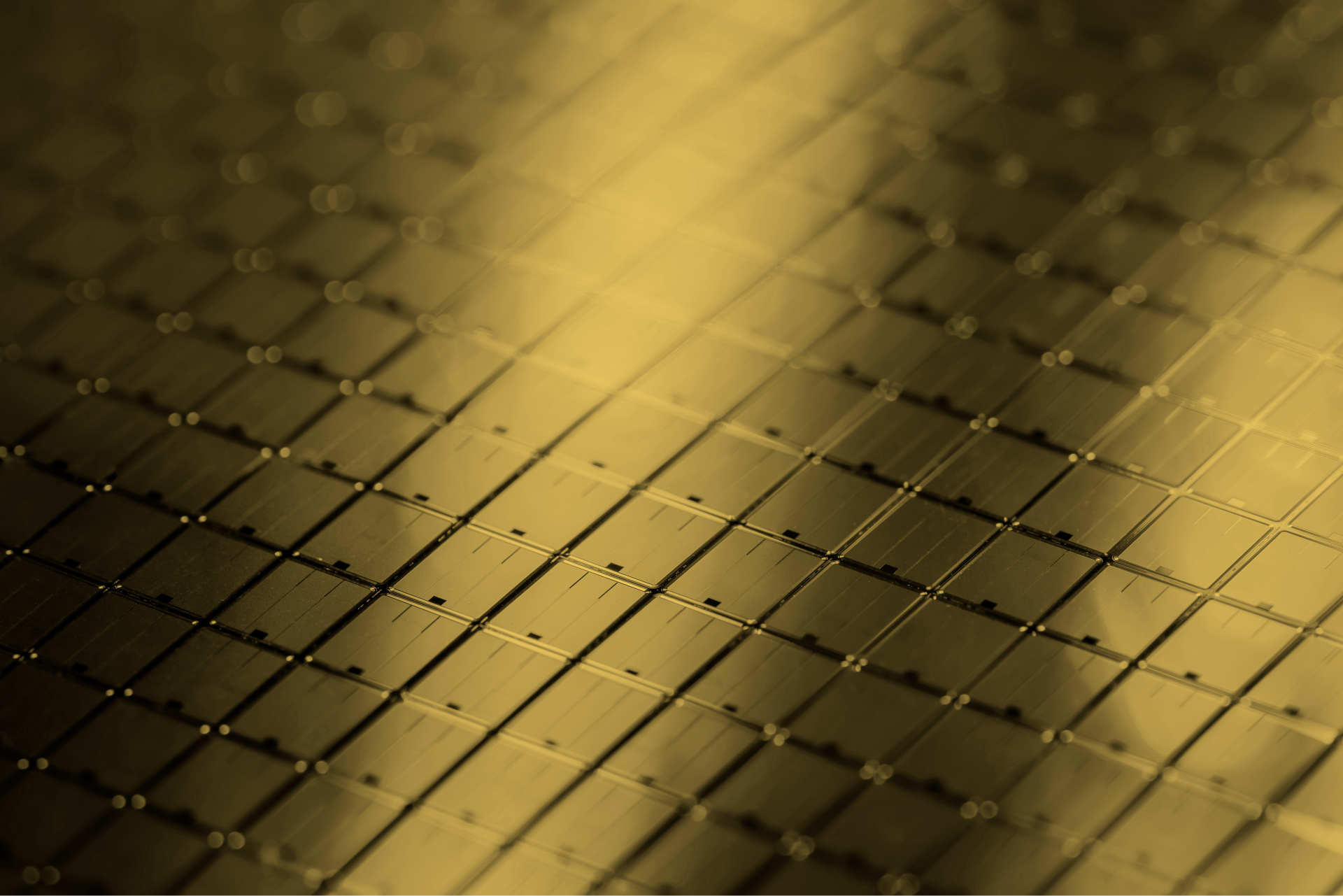 Close-up of solar cells arranged in a grid under warm golden light