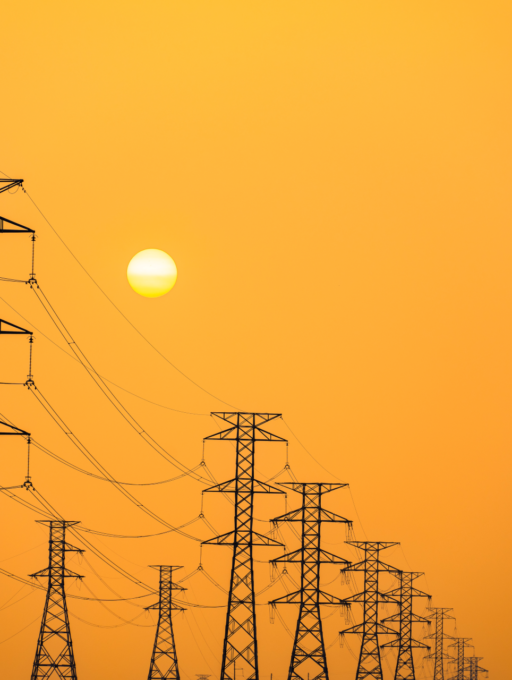 High-voltage transmission towers and power lines silhouetted against an orange sunset sky