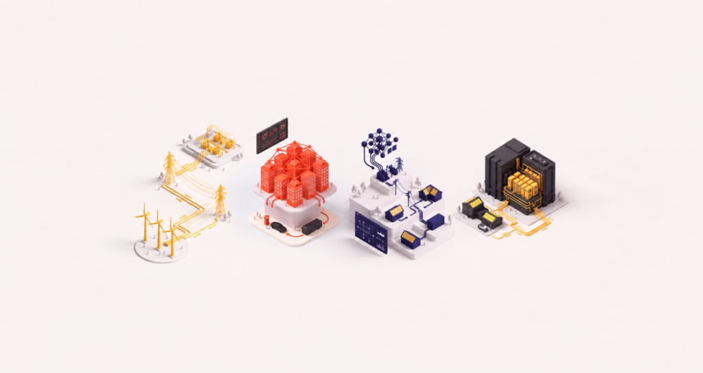 Illustration of four Advanced Energy Systems and AI specialisations, featuring smart transmission grids, smart cities, distribution networks and distributed energy resources